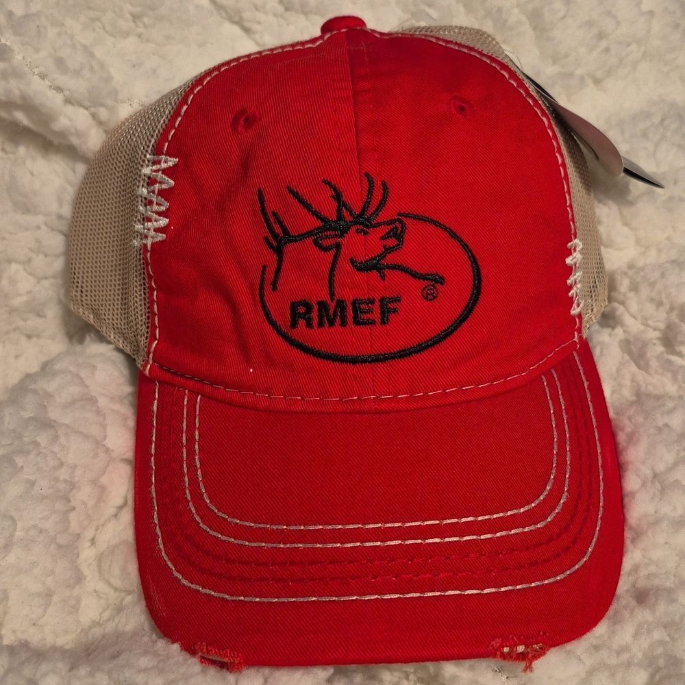 Rocky Mountain Elk Foundation Red And Cream Trucker Snapback Hat - New